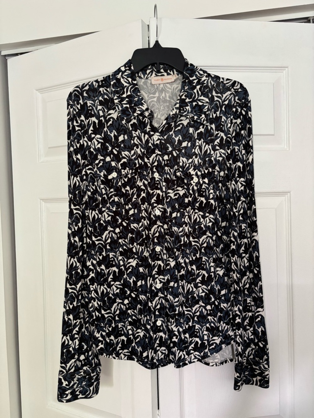 Women’s Black and White Floral Button-Up Top by Tory Burch
